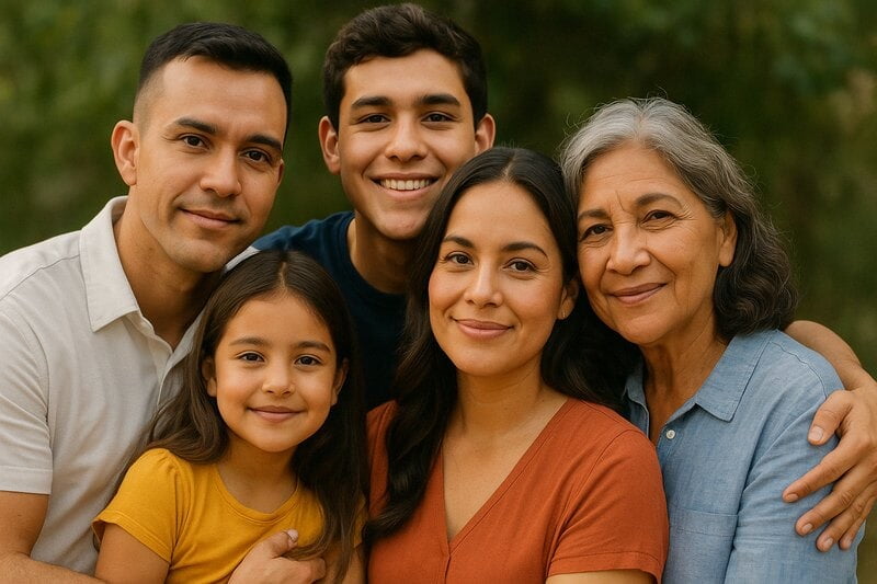 Una familia latina de tres generaciones sonriendo